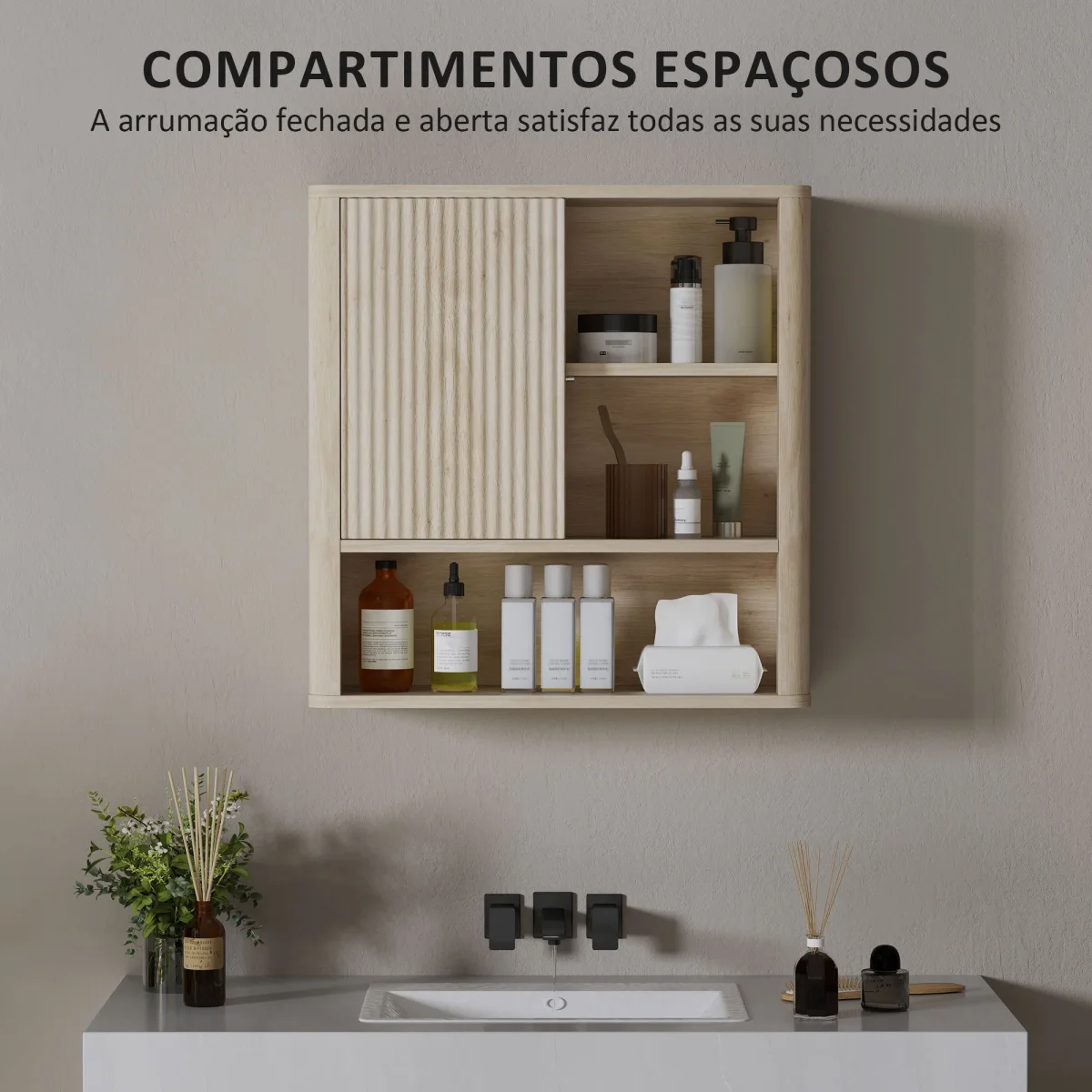 Armário de Casa de Banho de Parede Móvel de Casa de Banho com Prateleiras Ajustáveis Porta Deslizante Compartimentos e Desenho Elegante 60x20x62 cm Madeira - Image 5