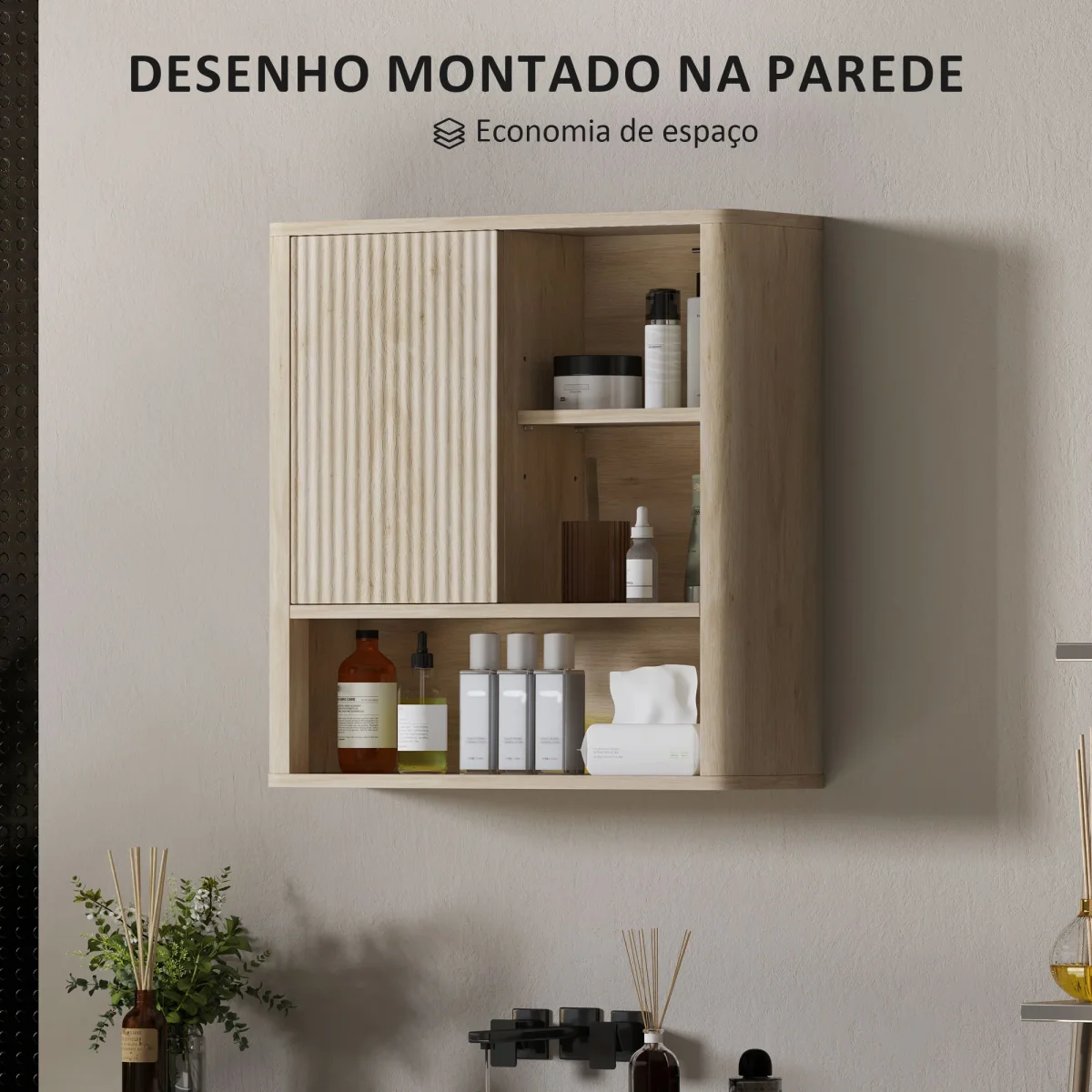 Armário de Casa de Banho de Parede Móvel de Casa de Banho com Prateleiras Ajustáveis Porta Deslizante Compartimentos e Desenho Elegante 60x20x62 cm Madeira - Image 6