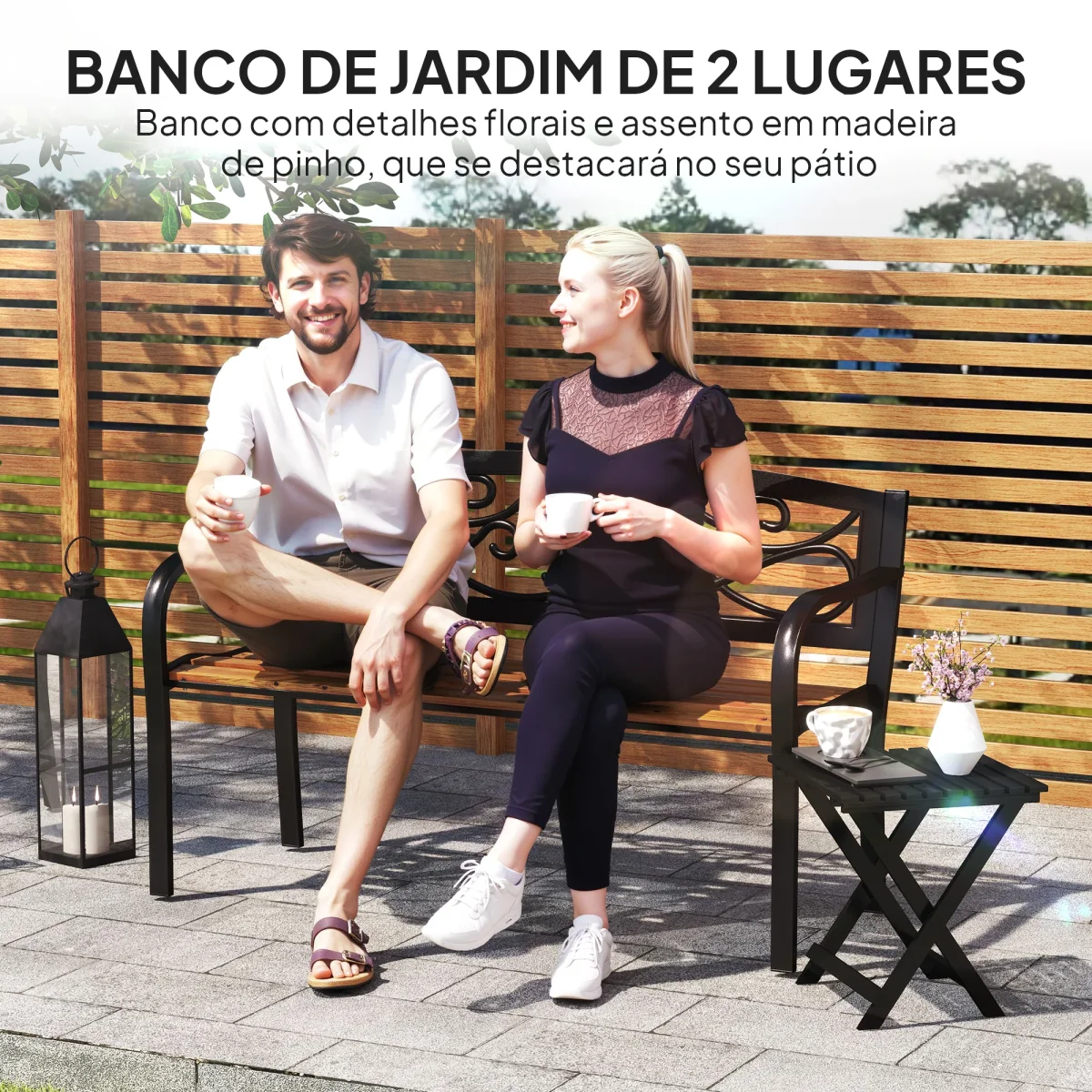 Banco de Jardim de 2 Lugares Banco de Exterior com Assento de Madeira e Estrutura de Aço para Pátio Varanda 127x56x80 cm Madeira e Preto - Image 5