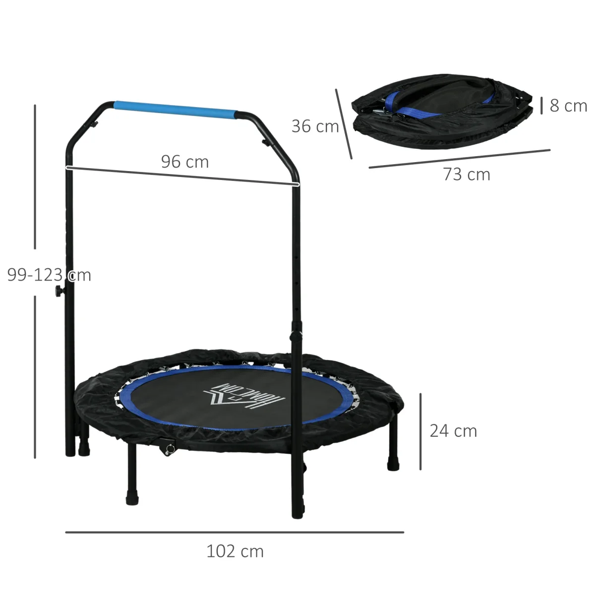 Trampolim Fitness Ø102 Trampolim Dobrável com Pega Ajustável em 4 Níveis Estrutura de Aço para Treino de Pernas Corpo em Casa Escritório Ginásio Azul - Image 4