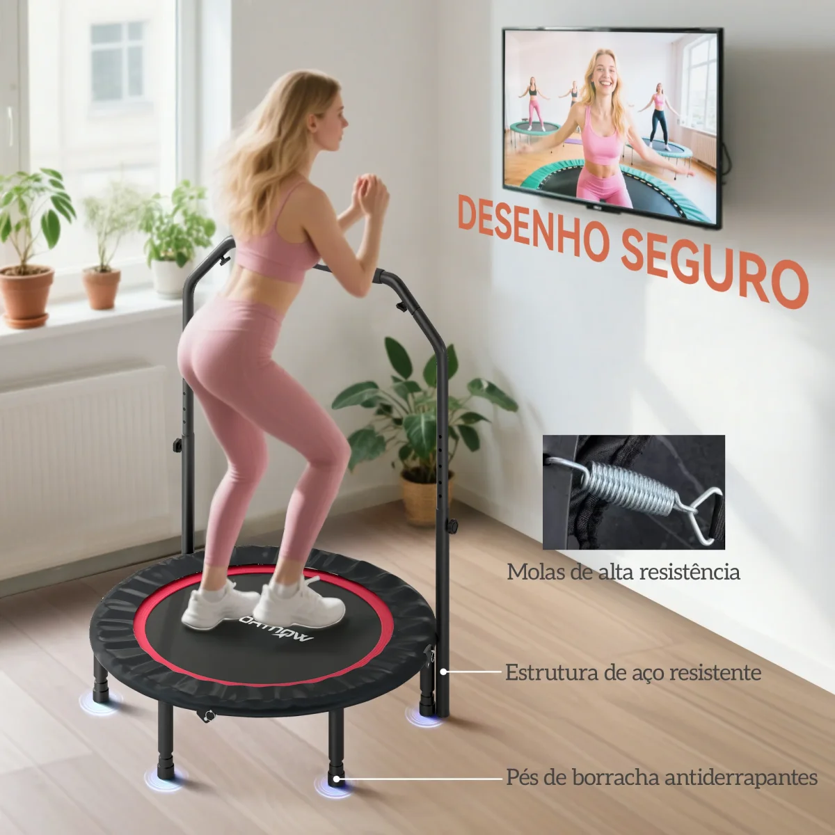 Trampolim de Fitness Ø102 cm Trampolim Dobrável com Guiador Ajustável de 4 Níveis e Bandas para Treino de Pernas e Corpo em Casa Escritório Ginásio e Exterior Carga 150 kg Vermelho - Image 7