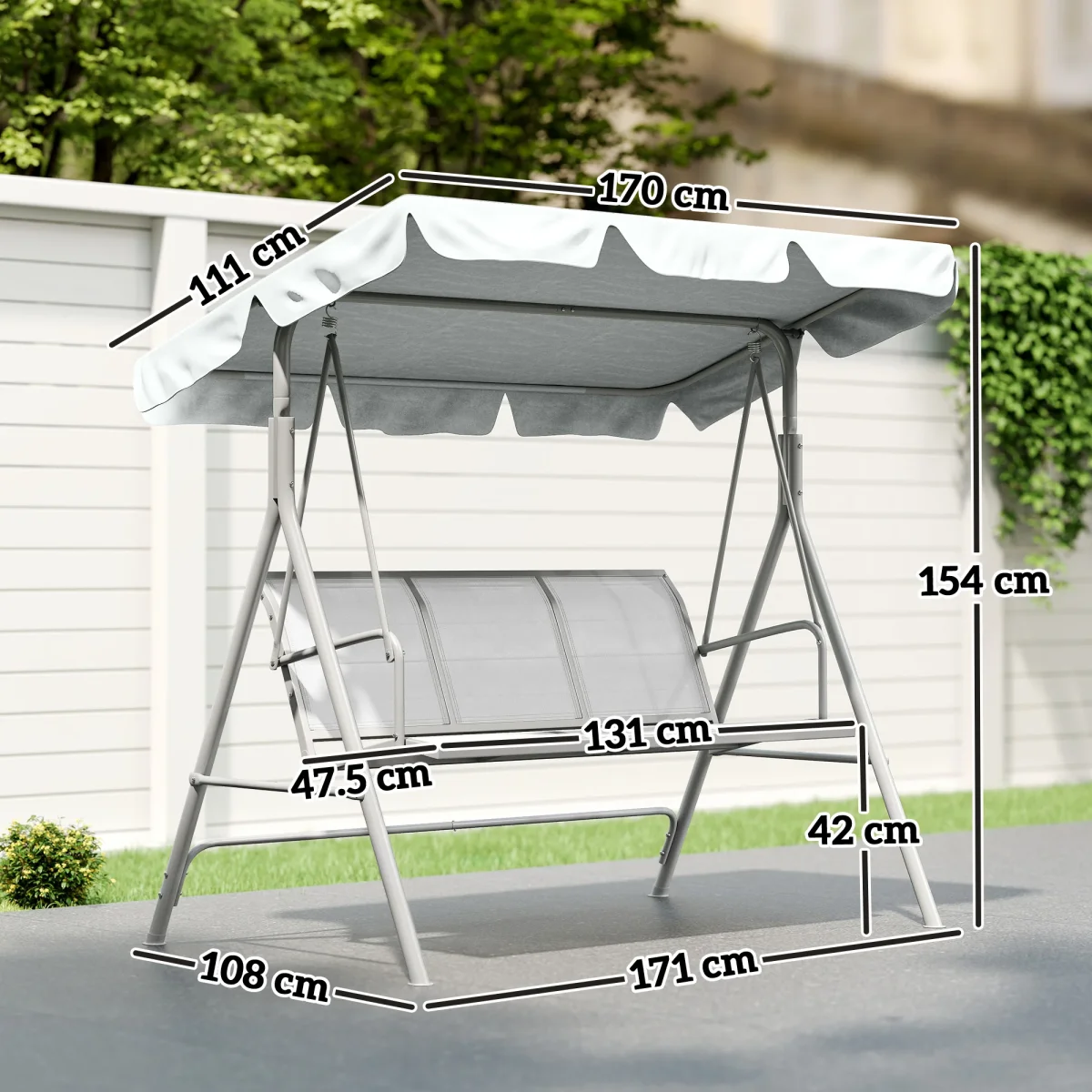 Baloiço Jardim de 3 Lugares com Toldo Ajustável Encosto Respirável e Estrutura de Metal para Terraço Balcão Exterior Carga 240kg 171x108x154cm Cinza - Image 4