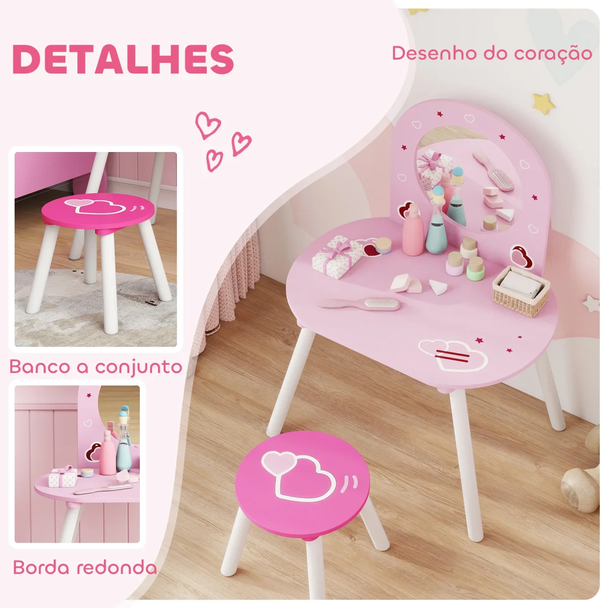Toucador Infantil com Banco e Espelho Toucador para Meninas com Desenhos de Corações Mesa de Maquilhagem para Crianças de 3-6 Anos 60x43,5x83 cm Rosa - Image 6
