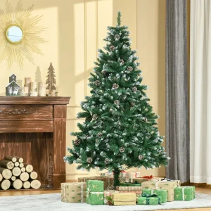 Árvore de Natal Artificial Ø90x180cm com 1111 Ramos de PVC e 59 Pinhas Base Dobrável e Suporte de Aço Decoração de Natal para Interiores Verde
