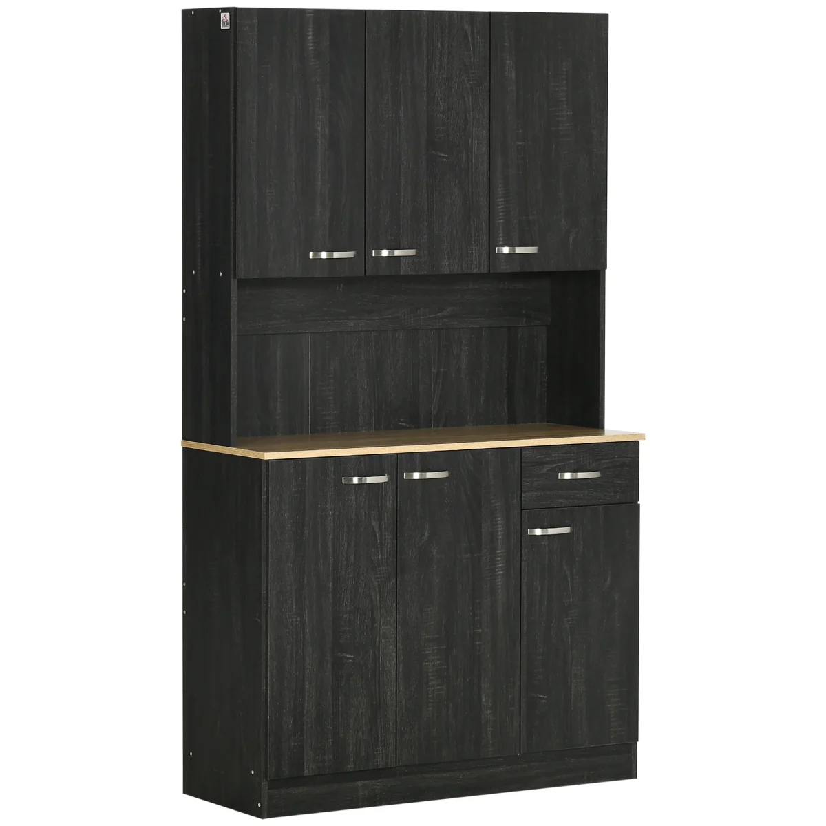 Armário de Cozinha Aparador de Sala de Jantar com 1 Gaveta 6 Portas e Prateleiras Ajustáveis Estilo Moderno 101x39x180 cm Preto e Madeira - Image 3