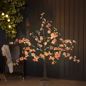 Árvore de Eucalipto Artificial 120 cm Árvore Artificial com 175 Luzes LED e Base Decoração para Interior e Exterior Laranja e Marrom