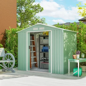 Abrigo de Jardim 213x130x185 cm Abrigo de Jardim Metálico de Exterior para Armazenamento de Ferramentas com 2 Portas Deslizantes e 4 Janelas para Terraço Verde Claro
