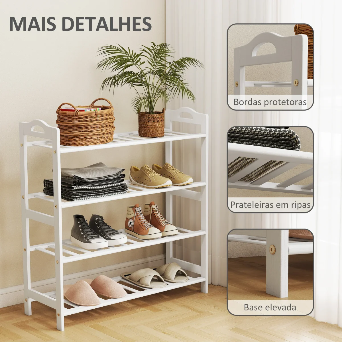 Sapateira de 4 Níveis Estante para Sapatos em Bambu para 12 Pares de Sapatos para Entrada Corredor Quarto 67,5x24,7x72 cm Branco - Image 7