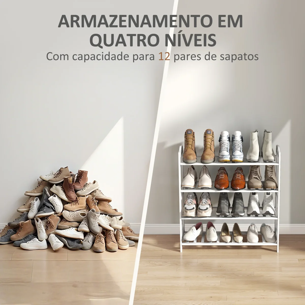 Sapateira de 4 Níveis Estante para Sapatos em Bambu para 12 Pares de Sapatos para Entrada Corredor Quarto 67,5x24,7x72 cm Branco - Image 6