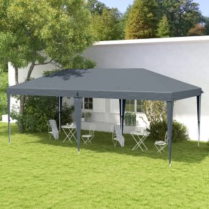 Tenda Dobrável 585x295x270 cm Tenda de Jardim Portátil com Bolsa de Transporte Tecido Oxford Estrutura de Aço para Exterior Festas Acampamento Cinza
