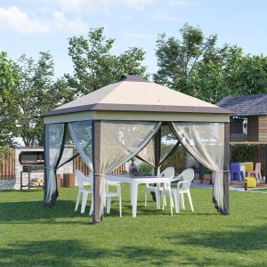 Pérgola Dobrável Exterior 3,3x3,3x2,9 m com Luzes LED e Controle Remoto Pérgola de Jardim com 4 Mosquiteiras Removíveis e Bolsa de Transporte para Acampamento Festas Bege