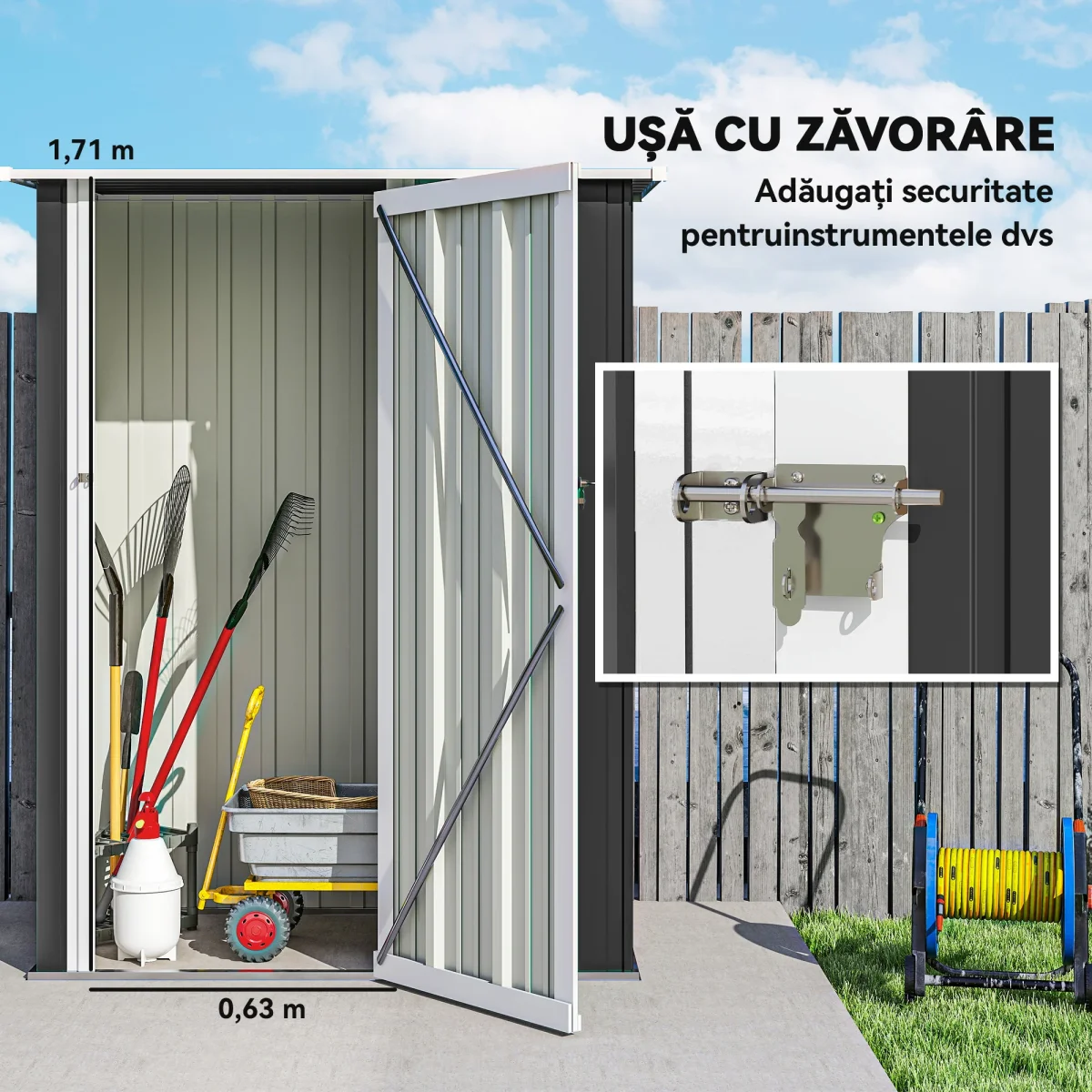 Abrigo de Jardim 1,07m² 142x84x189cm Abrigo de Jardim de Aço Galvanizado com Porta Fechadura e Orifícios de Drenagem para Armazenamento de Ferramentas Cinza - Image 5