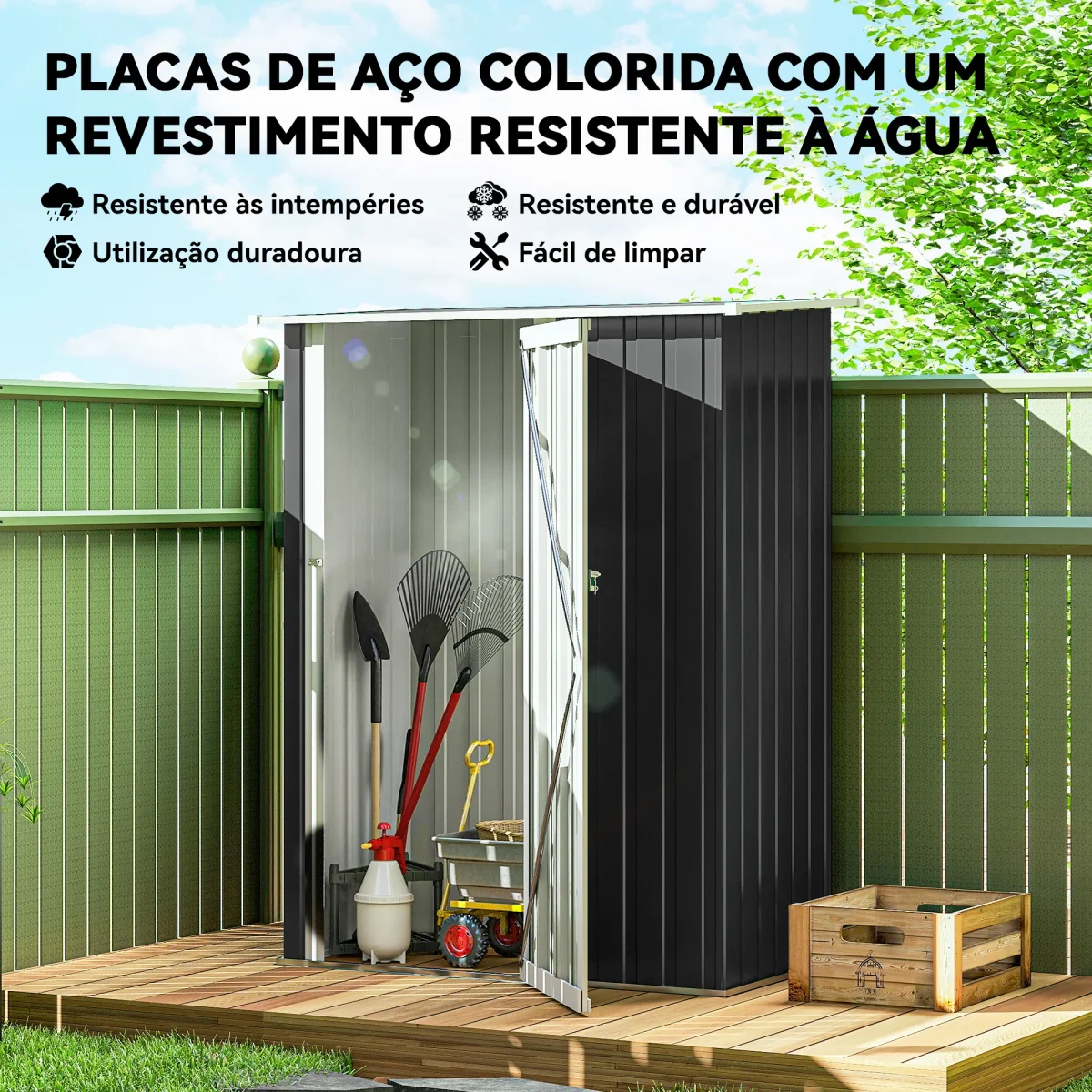 Abrigo de Jardim 1,07m² 142x84x189cm Abrigo de Jardim de Aço Galvanizado com Porta Fechadura e Orifícios de Drenagem para Armazenamento de Ferramentas Cinza - Image 4