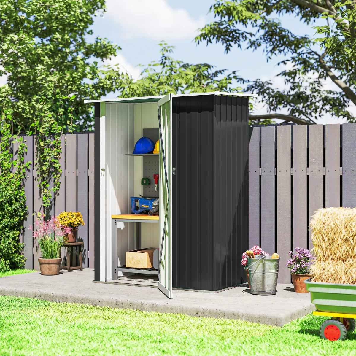 Abrigo de Jardim 1,07m² 142x84x189cm Abrigo de Jardim de Aço Galvanizado com Porta Fechadura e Orifícios de Drenagem para Armazenamento de Ferramentas Cinza - Image 7