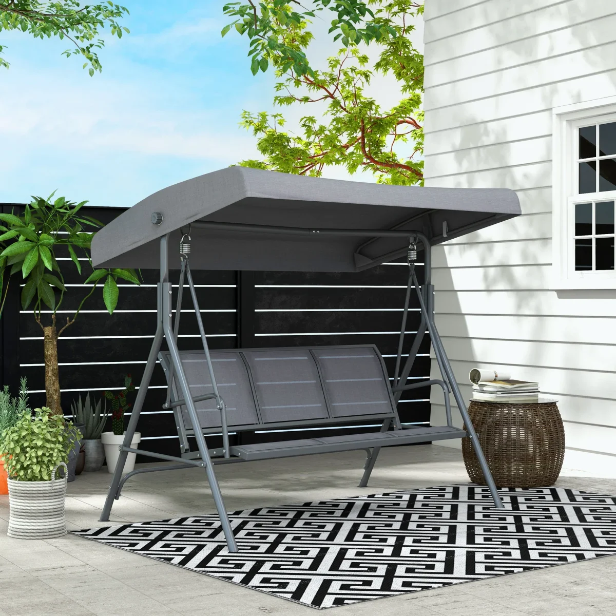 Baloiço Jardim de 3 Lugares com Toldo Ajustável Encosto Respirável e Estrutura de Aço para Terraço Balcão Exterior 175x118x159 cm Cinza