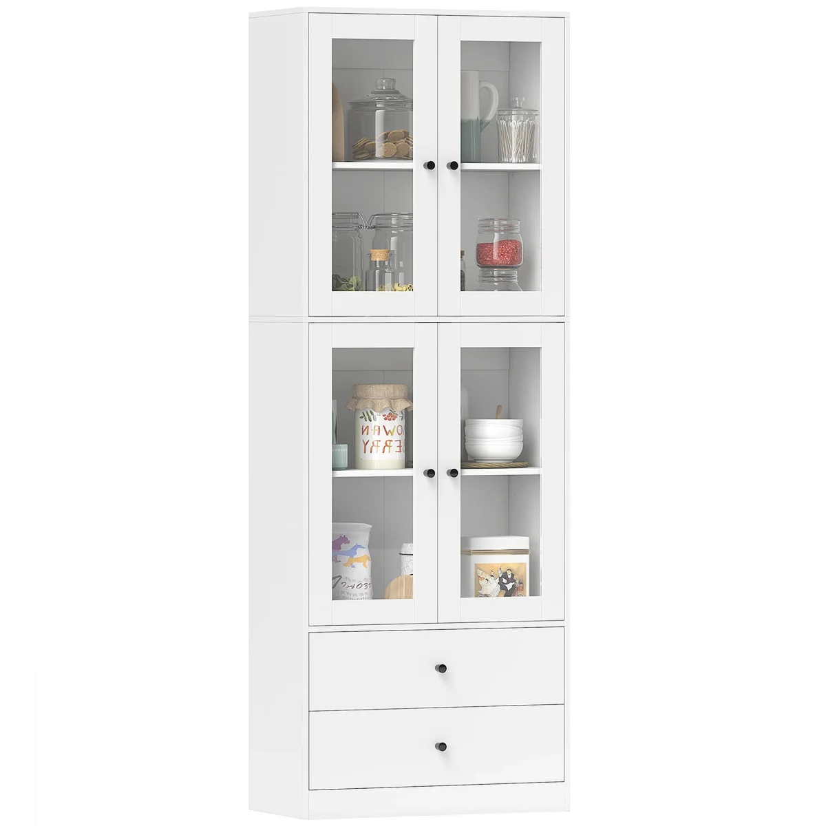 Armário de Cozinha Alto Móvel Auxiliar de Cozinha com 4 Portas de Vidro 2 Gavetas Prateleiras Ajustáveis 59x30x170 cm, Branco - Image 3