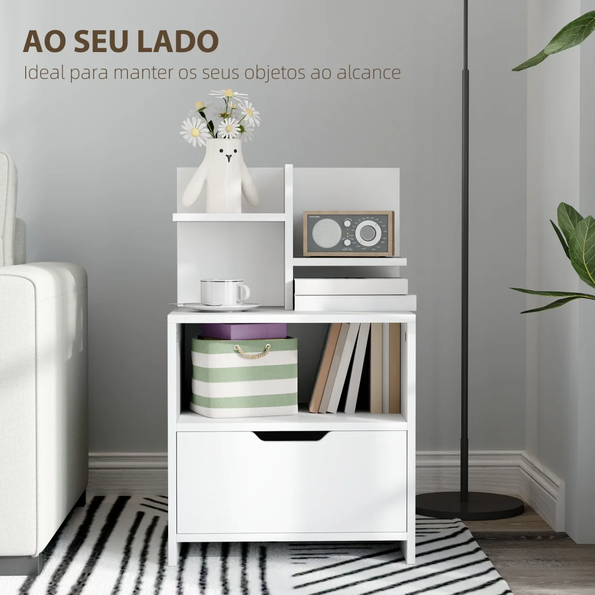Mesa de Cabeceira de Madeira Mesa de Cabeceira Moderna com Gaveta e Prateleiras de Armazenamento Mesa Auxiliar para Sala de Estar Dormitório 45x35x73 cm Branco - Image 5