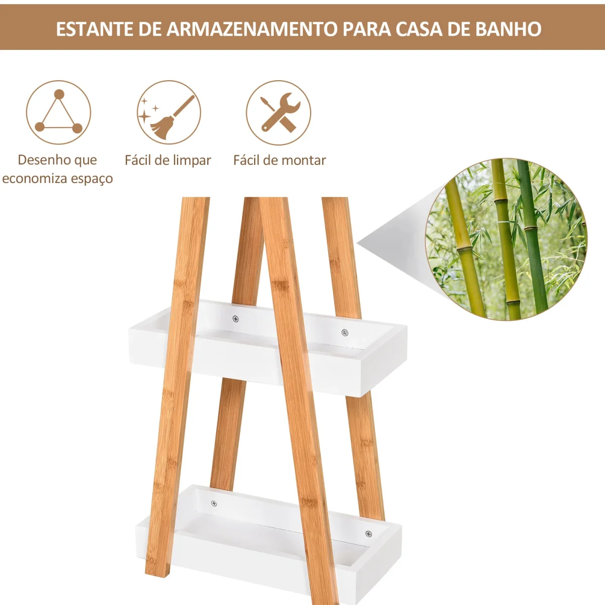 Estante de Bambú para Casa de Banho com 3 Prateleiras de Armazenamento Móvel Organizador para Cozinha Sala de Estar Lavanderia 30x18x81cm Madeira e Branco - Image 5
