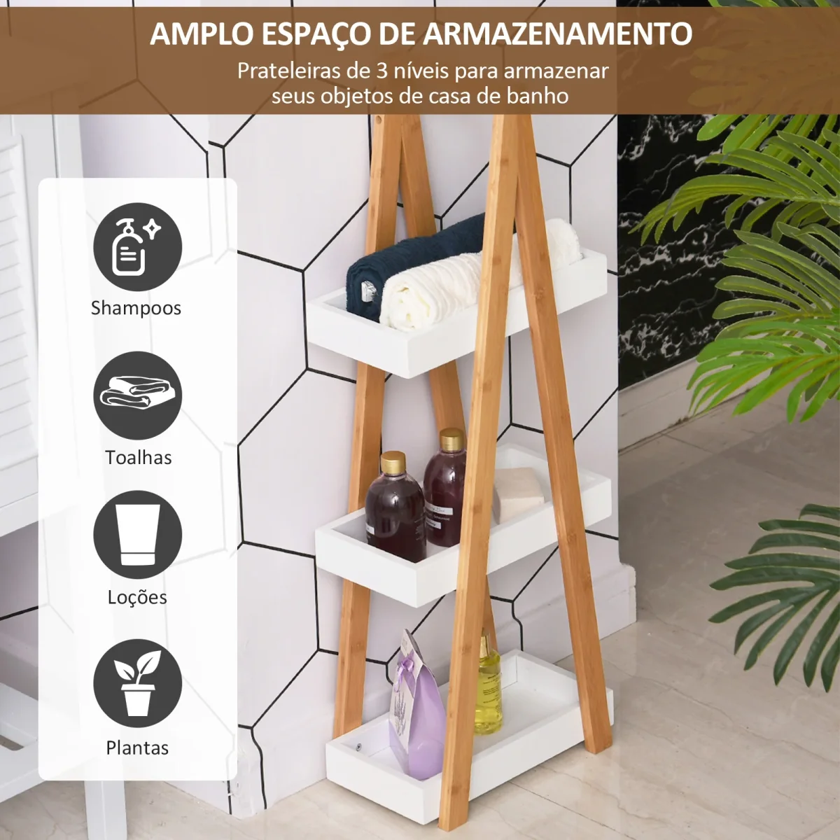 Estante de Bambú para Casa de Banho com 3 Prateleiras de Armazenamento Móvel Organizador para Cozinha Sala de Estar Lavanderia 30x18x81cm Madeira e Branco - Image 6