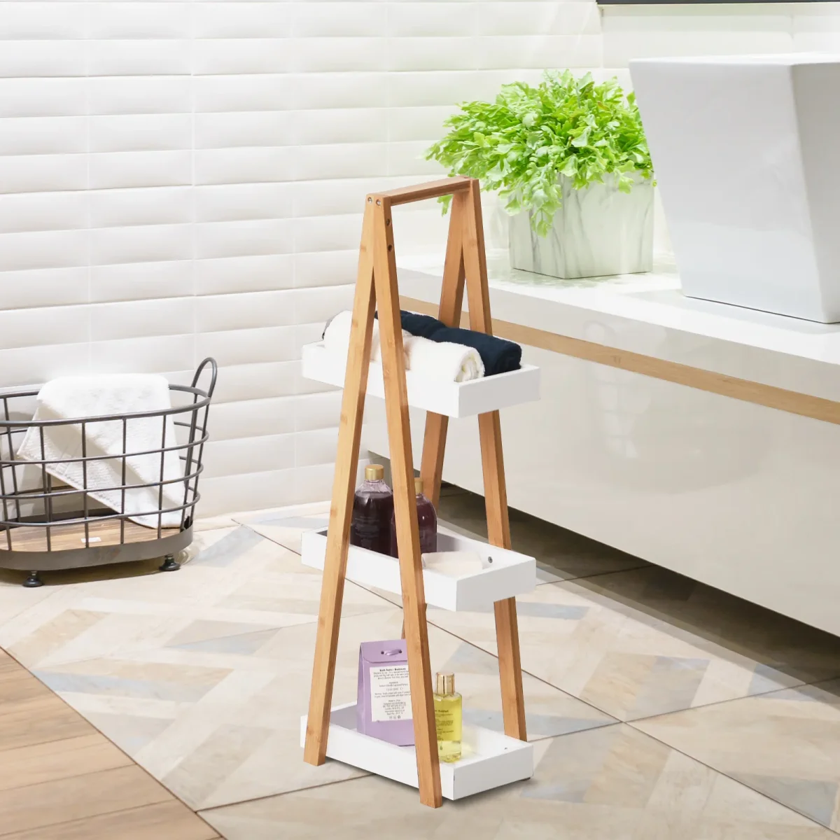 Estante de Bambú para Casa de Banho com 3 Prateleiras de Armazenamento Móvel Organizador para Cozinha Sala de Estar Lavanderia 30x18x81cm Madeira e Branco - Image 2