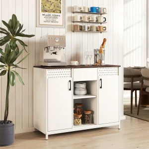 Aparador de 2 Portas com Orifícios Aparador de Sala com 2 Compartimentos e Gaveta Prateleiras Ajustáveis para Cozinha Entrada Dormitório 100x40x80 cm Branco e Castanho Rústico