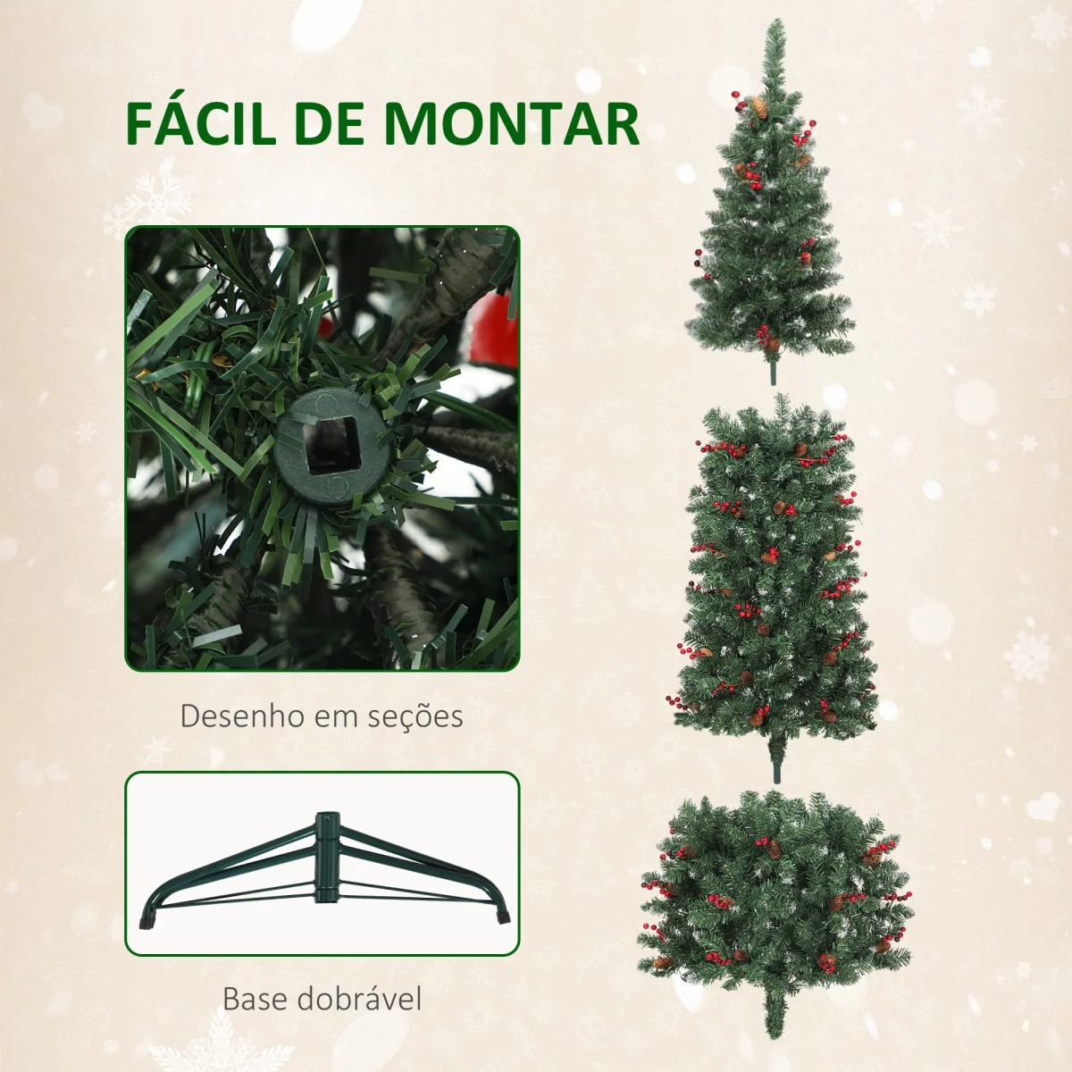 Árvore de Natal Slim 230 cm Árvore de Natal Artificial com Luzes LED Branco Quente 8 Modos de Iluminação 761 Ramos com Purpurina Prateada Pinhas Bagas e Suporte Metálico Verde - Image 8