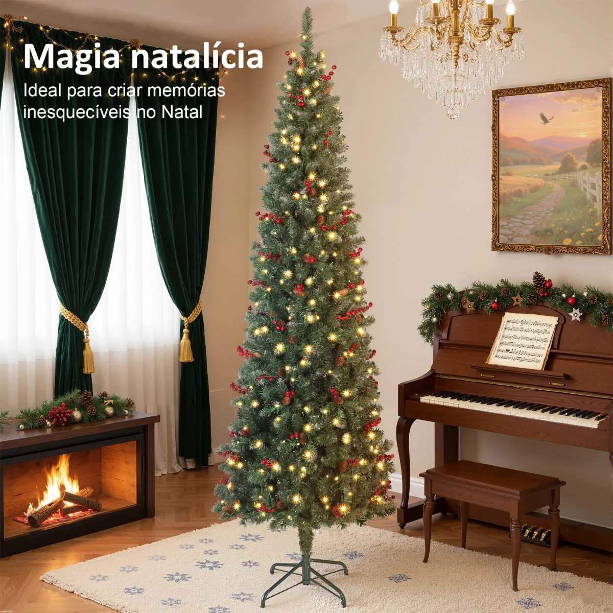 Árvore de Natal Slim 230 cm Árvore de Natal Artificial com Luzes LED Branco Quente 8 Modos de Iluminação 761 Ramos com Purpurina Prateada Pinhas Bagas e Suporte Metálico Verde - Image 5