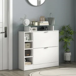 Sapateiro Moderno Sapateiro de Entrada Hall com Gavetas Basculantes, Prateleiras Ajustáveis e Prateleiras Abertas para 12 Pares de Sapatos Sapateiro Estreito para Corredor 89x25x92 cm Branco