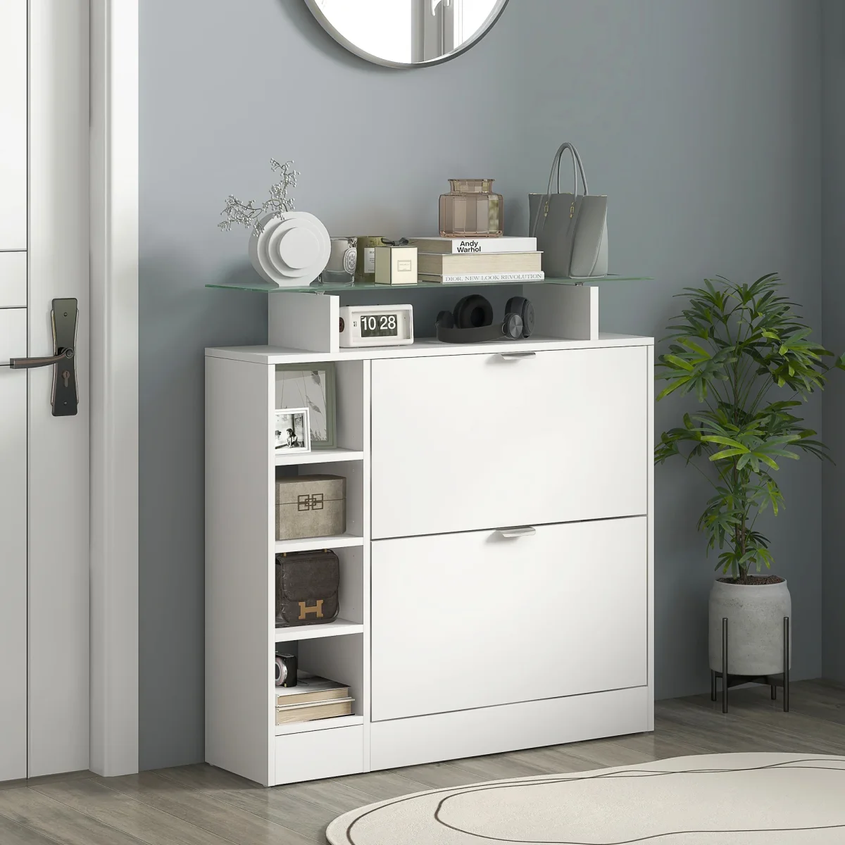 Sapateiro Moderno Sapateiro de Entrada Hall com Gavetas Basculantes, Prateleiras Ajustáveis e Prateleiras Abertas para 12 Pares de Sapatos Sapateiro Estreito para Corredor 89x25x92 cm Branco