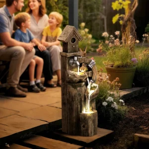 Fonte de Jardim 2 em 1 com Casa para Pássaros Fonte de Água de Exterior com Luzes LED Bomba Fonte Decorativa com Troncos de Árvore Multicor