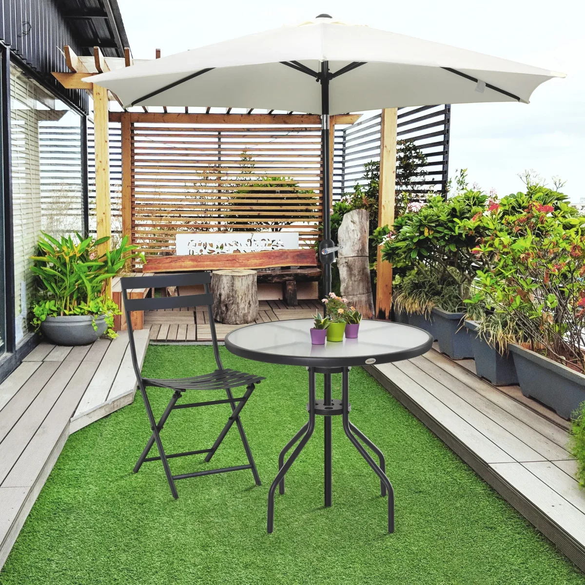 Mesa de Jardim Redonda Mesa Sala de Jantar de Cristal Temperado com Orifício para Chapéu de Sol Estrutura Metálica para Pátio Terraço Exterior Ø80x72cm Preto