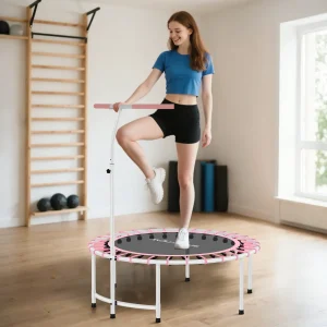 Trampolim de Fitness Adultos Ø102 cm Mini Trampolim Fitness com Pega Ajustável de 5 Níveis Estrutura em Aço para Treino de Pernas Corpo em Casa Escritório Ginásio Rosa