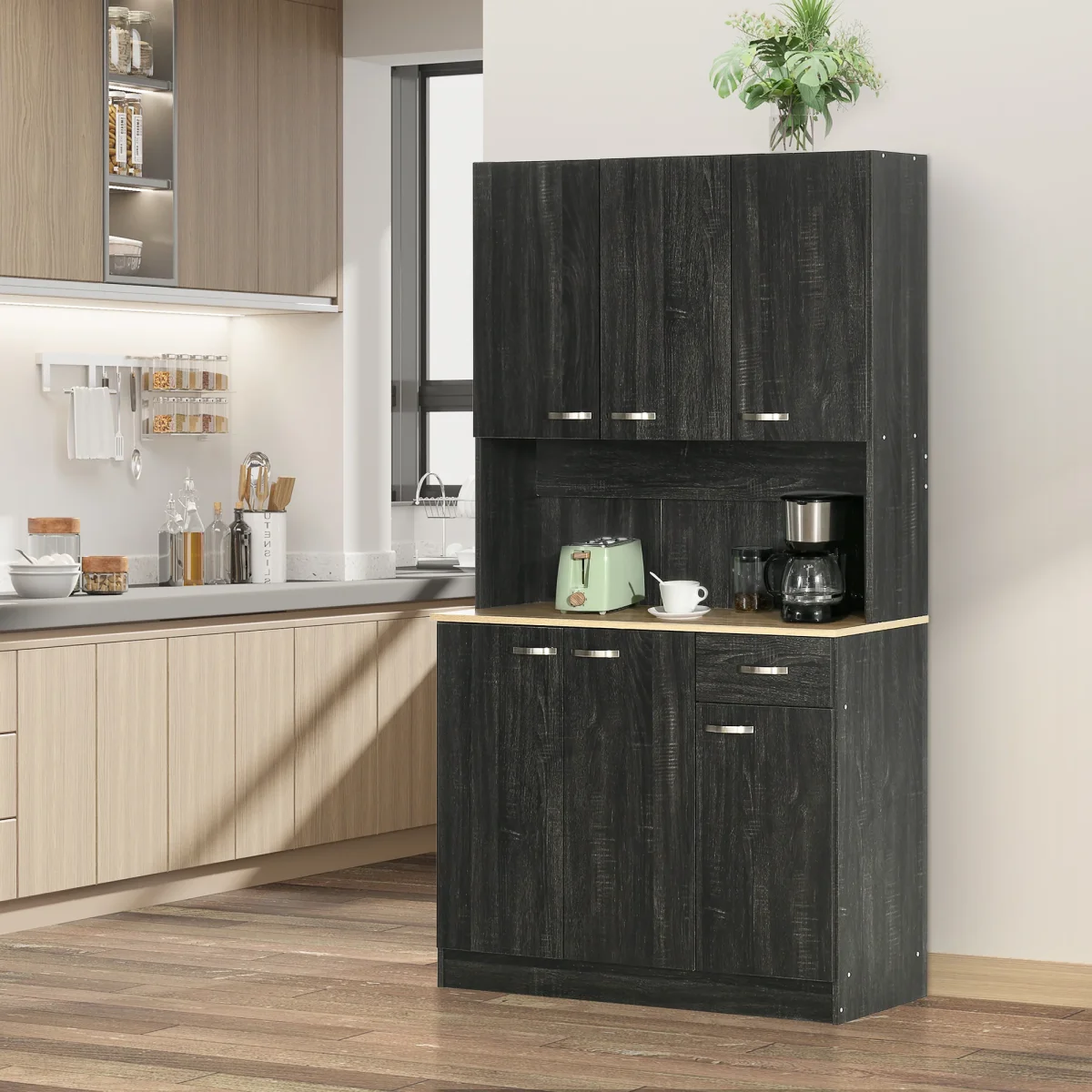 Armário de Cozinha Aparador de Sala de Jantar com 1 Gaveta 6 Portas e Prateleiras Ajustáveis Estilo Moderno 101x39x180 cm Preto e Madeira - Image 2