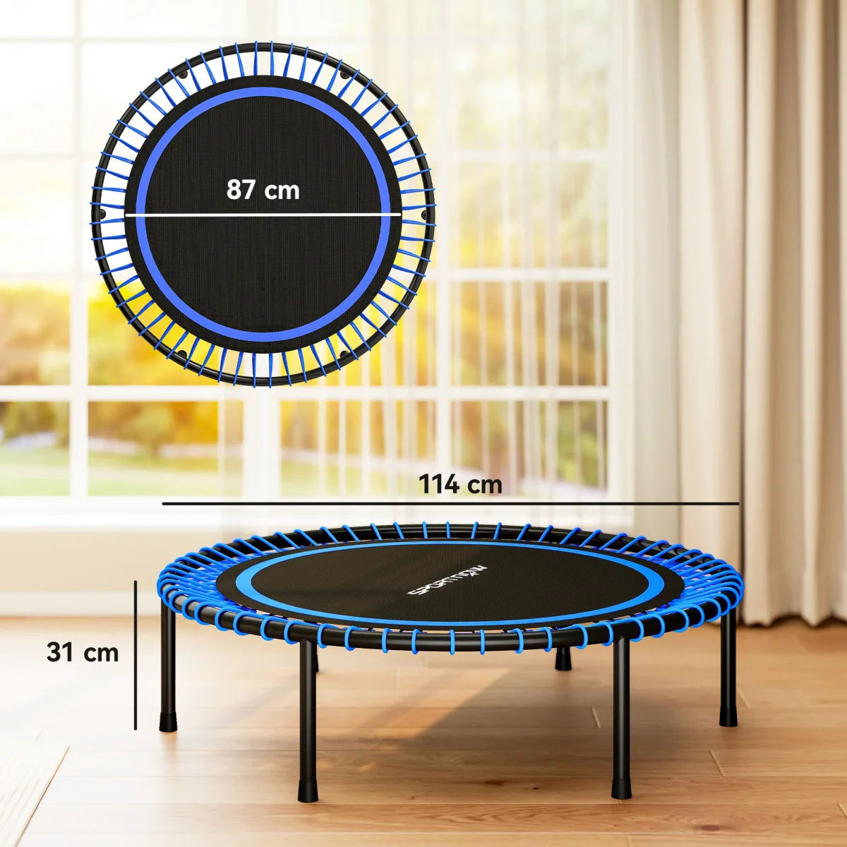 Trampolim de Fitness Adultos Ø114 cm com Estrutura de Aço Reforçada para Treino de Pernas Corpo em Casa Escritório Ginásio Azul e Preto - Image 4