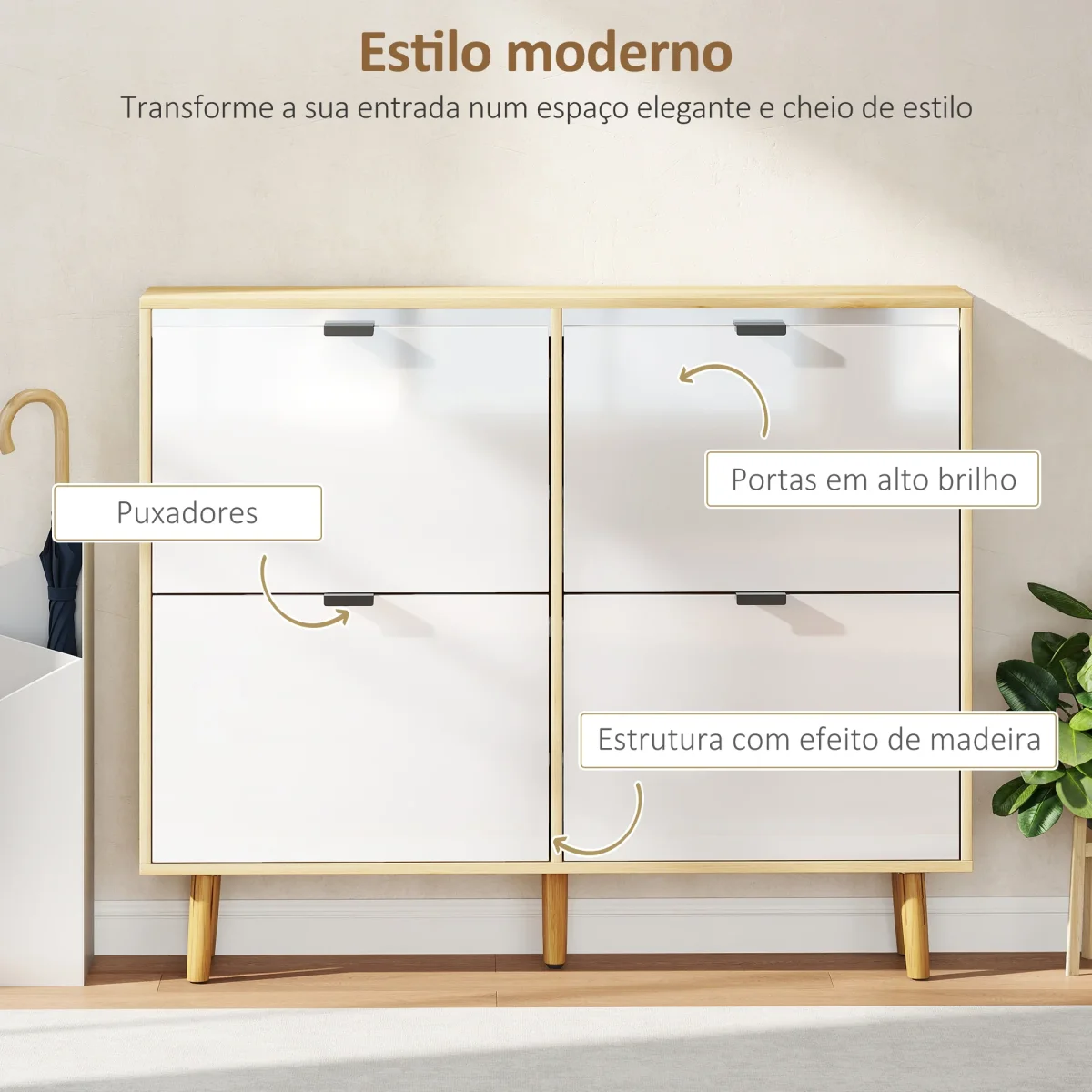 Sapateira Estreita com 4 Portas em Branco Brilho Sapateira de Entrada com Prateleiras Ajustáveis e Pernas de Madeira para 20 Pares de Sapatos 105x24x92,5 cm Branco - Image 5