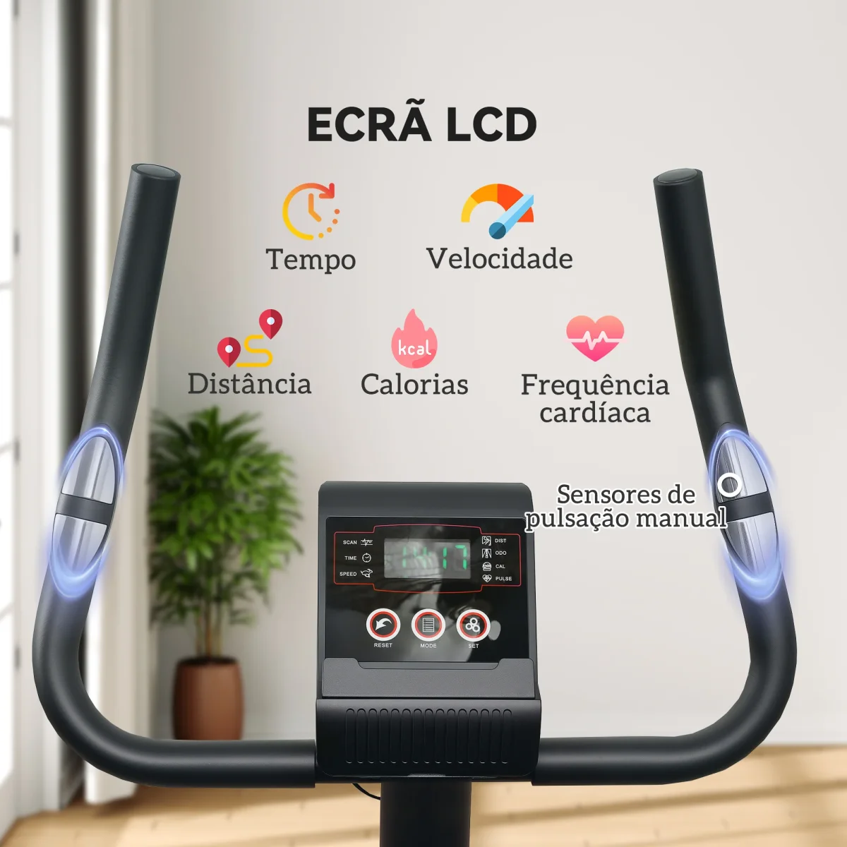 Bicicleta Estática Silenciosa com 8 Níveis de Resistência Magnética Sensor de Frequência Assento Ajustável Ecrã LCD e Suporte para Telemóvel Carga 100 kg 88x50,5x131,5 cm Preto - Image 7