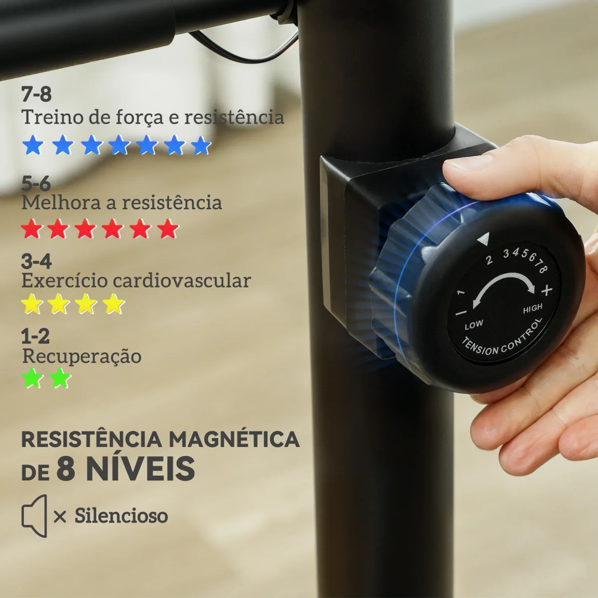 Bicicleta Estática Silenciosa com 8 Níveis de Resistência Magnética Sensor de Frequência Assento Ajustável Ecrã LCD e Suporte para Telemóvel Carga 100 kg 88x50,5x131,5 cm Preto - Image 5