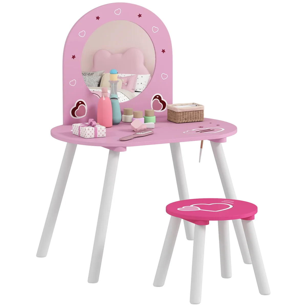 Toucador Infantil com Banco e Espelho Toucador para Meninas com Desenhos de Corações Mesa de Maquilhagem para Crianças de 3-6 Anos 60x43,5x83 cm Rosa - Image 3