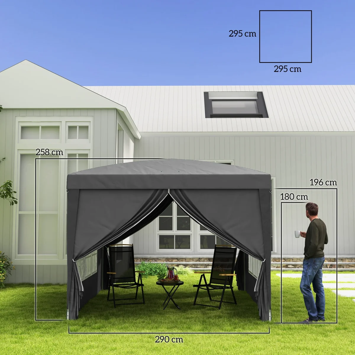 Tenda de Jardim com Paredes Laterais Amovíveis Janelas Porta com Fecho de Correr e Bolsa de Transporte 295x295x196-258 cm Cinzento - Image 4