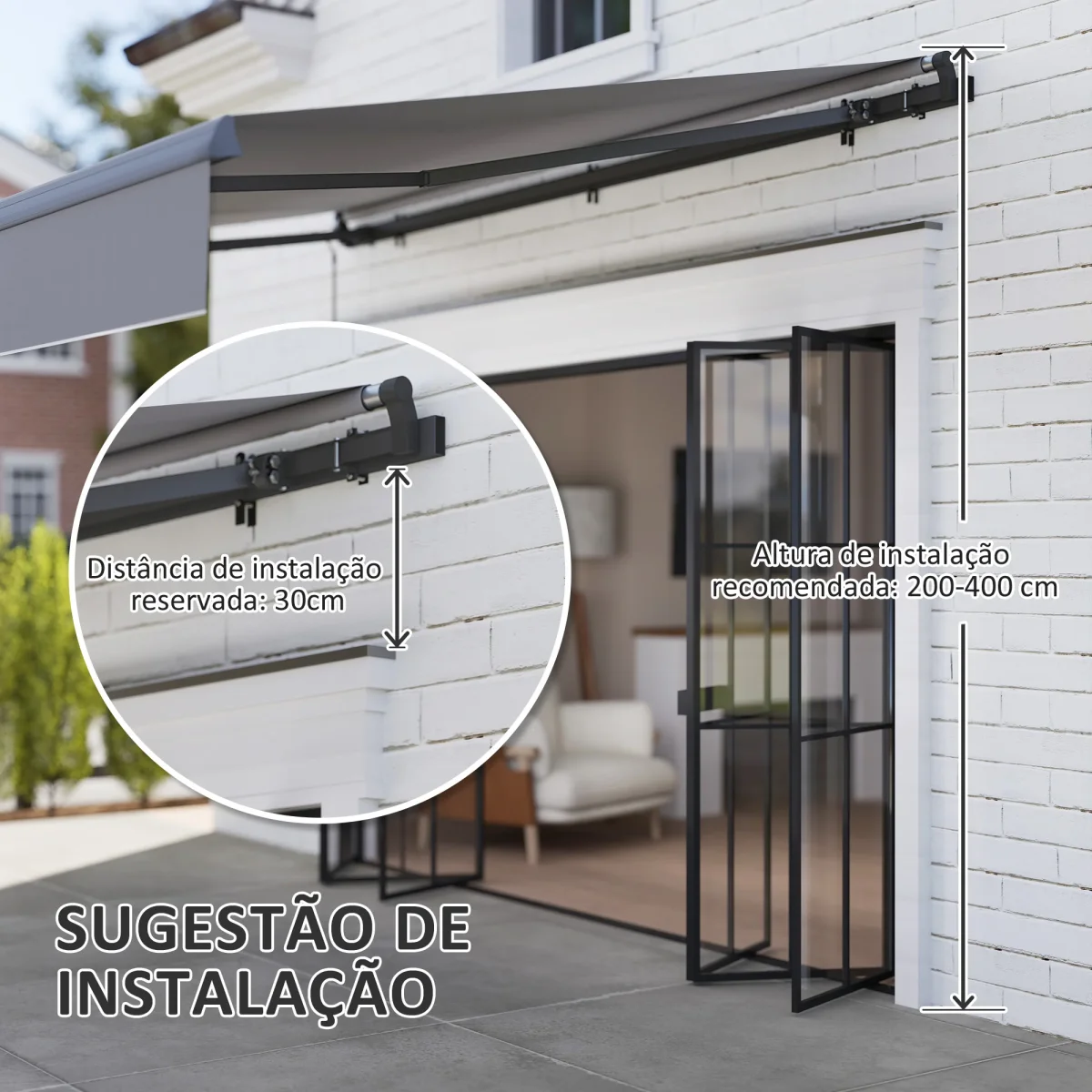Toldo Retrátil Manual para Jardim Toldo Exterior Ajustável com Manivela Proteção UV Estrutura de Metal e Alumínio 295x200 cm Cinzento - Image 8