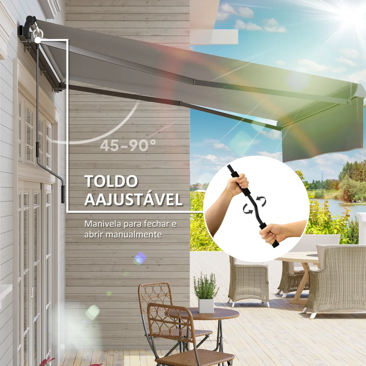 Toldo Retrátil Manual para Jardim Toldo Exterior Ajustável com Manivela Proteção UV Estrutura de Metal e Alumínio 295x200 cm Cinzento - Image 5