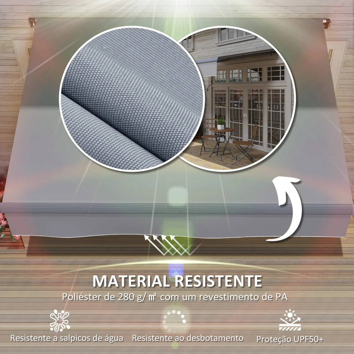 Toldo Retrátil Manual para Jardim Toldo Exterior Ajustável com Manivela Proteção UV Estrutura de Metal e Alumínio 295x200 cm Cinzento - Image 6