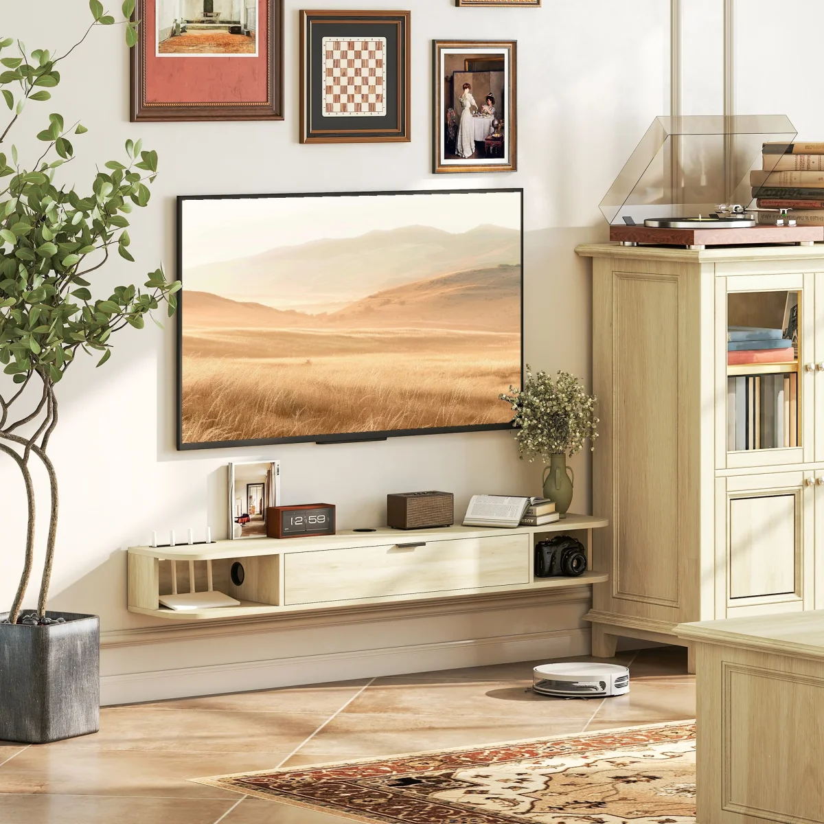 Móvel de TV Suspenso Móvel de TV para Sala com Gaveta Rebatível 2 Prateleiras Abertas Orifício para Cabos Estilo Moderno para Televisão 60 Polegadas 140x24x16 cm Madeira - Image 2