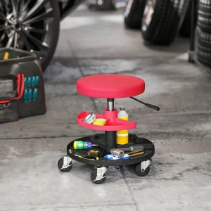Banco de Oficina Giratório com Rodas Altura Ajustável de 40-51 cm Assento de Banco para Mecânico com 2 Bandejas para Ferramentas, Carga 135 kg para Garagem ou Reparação de Automóveis Vermelho