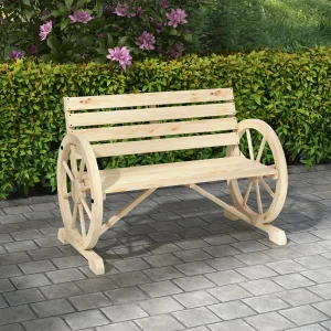 Banco de Jardim de Madeira Banco Exterior com Apoios em Forma de Roda Estilo Rústico Suporta até 240 kg 2 Lugares para Pátio ou Terraço 105,5x56x79 cm Madeira