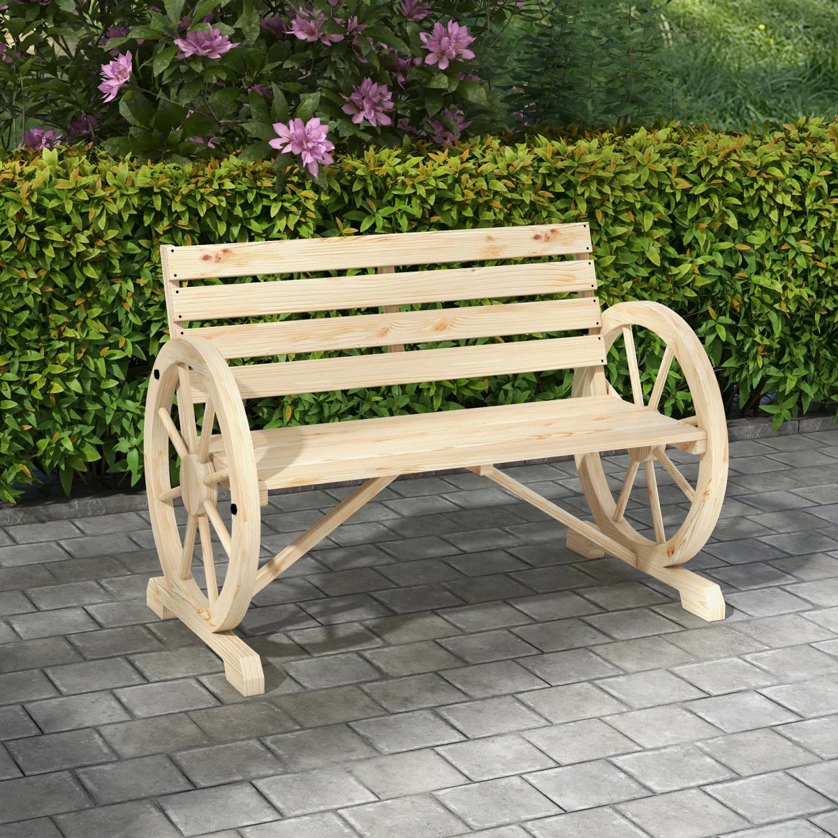 Banco de Jardim de Madeira Banco Exterior com Apoios em Forma de Roda Estilo Rústico Suporta até 240 kg 2 Lugares para Pátio ou Terraço 105,5x56x79 cm Madeira