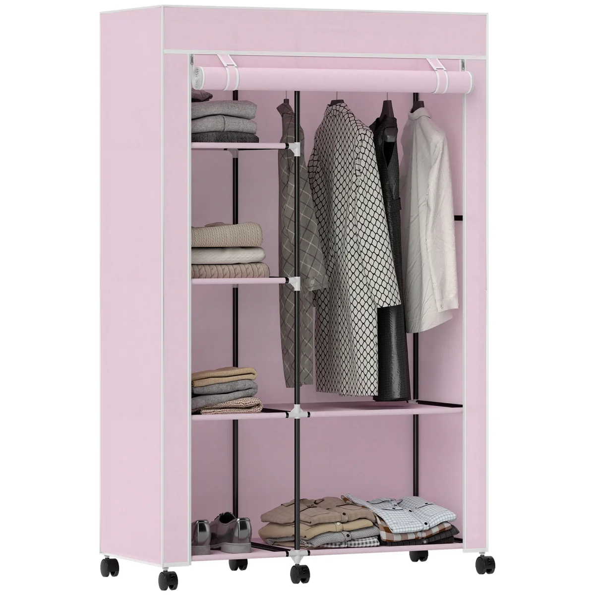 Roupeiro de Tecido Dobrável Armário de Roupa Portátil com 6 Prateleiras 1 Barra de Pendurar e Rodas para Dormitório Vestidor 103x43x162,5 cm Rosa - Image 3