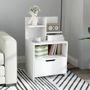 Mesa de Cabeceira de Madeira Mesa de Cabeceira Moderna com Gaveta e Prateleiras de Armazenamento Mesa Auxiliar para Sala de Estar Dormitório 45x35x73 cm Branco