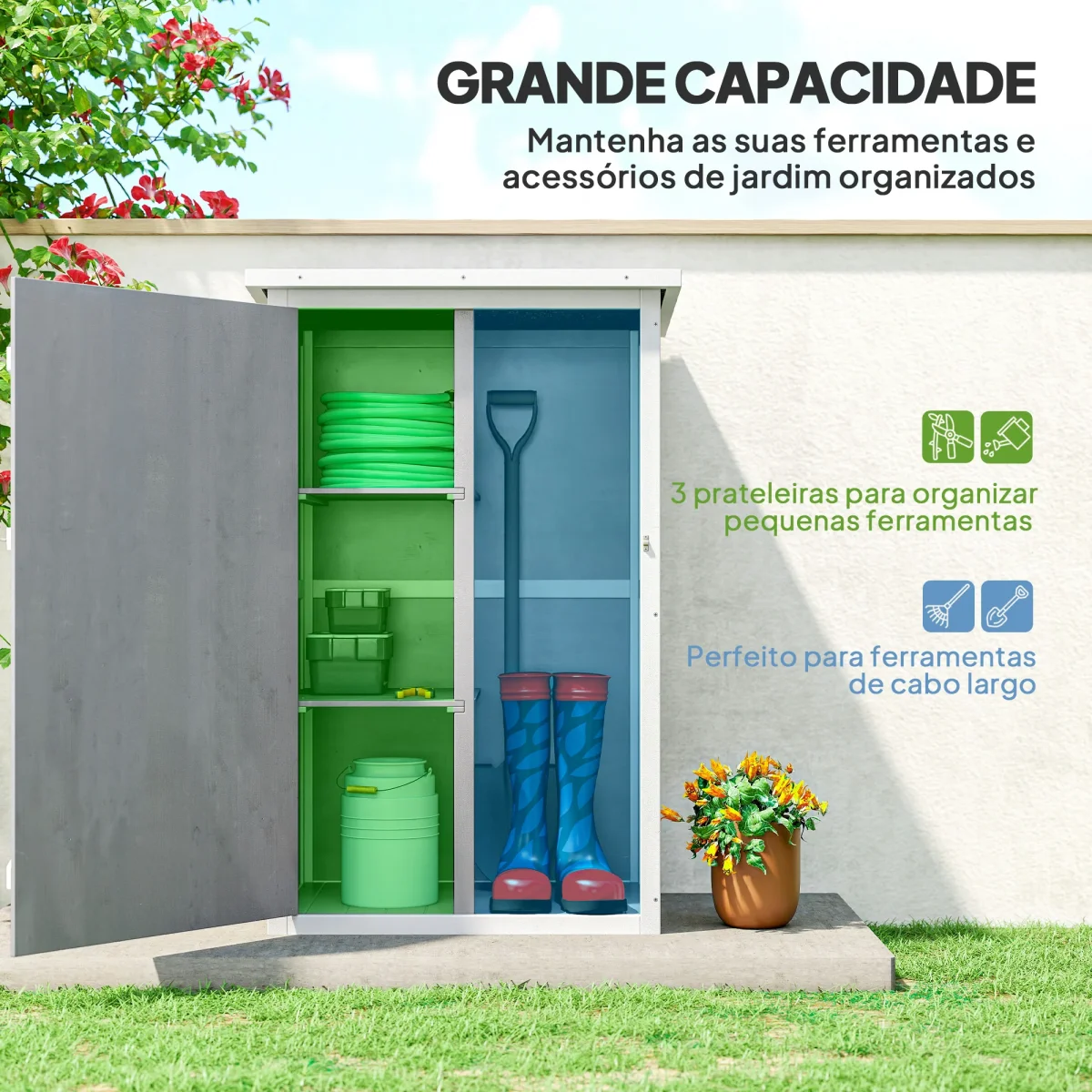 Armário de Jardim de Madeira 75x56x115cm Armário de Jardim para Ferramentas com 3 Prateleiras Interiores Porta com Trava e Teto Asfáltico Cinza - Image 5