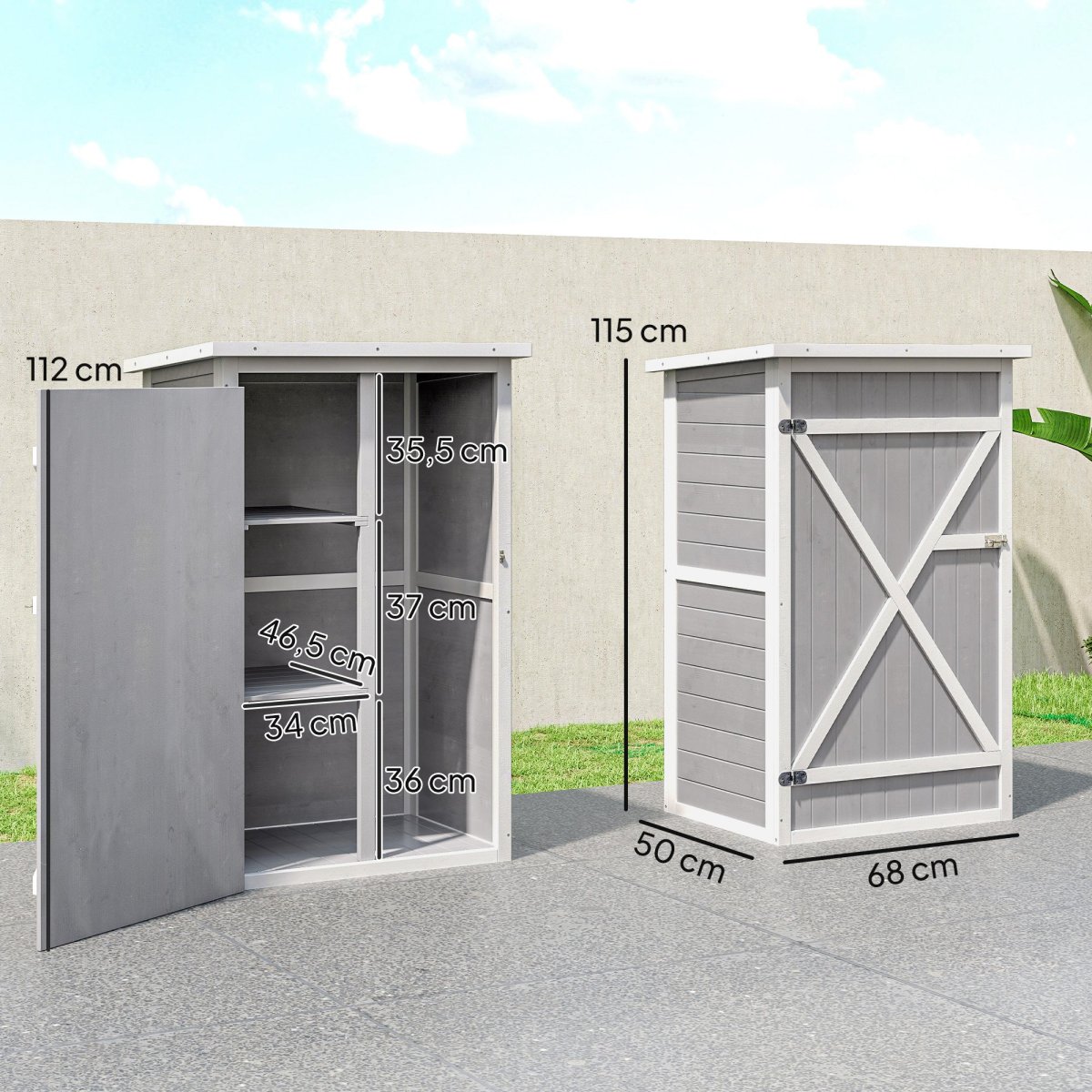 Armário de Jardim de Madeira 75x56x115cm Armário de Jardim para Ferramentas com 3 Prateleiras Interiores Porta com Trava e Teto Asfáltico Cinza - Image 4